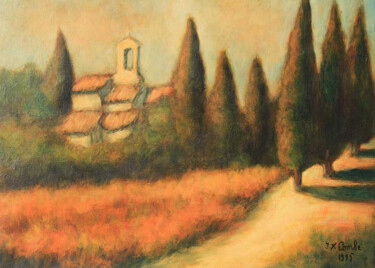 Painting titled "Chapelle de Thézier…" by Jean Xavier Combe, Original Artwork, Oil Mounted on Wood Stretcher frame