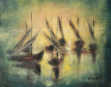 Painting titled "Barques de pêche au…" by Jean Xavier Combe, Original Artwork, Oil Mounted on Wood Stretcher frame