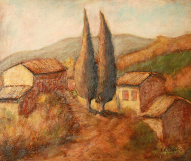 Painting titled "Mas à Branoux." by Jean Xavier Combe, Original Artwork, Oil Mounted on Wood Stretcher frame