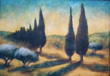 Painting titled "Campagne vers Pujau…" by Jean Xavier Combe, Original Artwork, Oil Mounted on Wood Stretcher frame