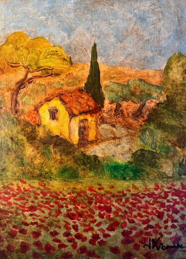 Painting titled ""Cabanon et coqueli…" by Jean Xavier Combe, Original Artwork, Oil Mounted on Wood Stretcher frame