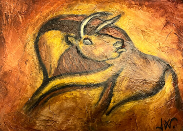Painting titled "Bison se léchant." by Jean Xavier Combe, Original Artwork, Oil Mounted on Wood Stretcher frame