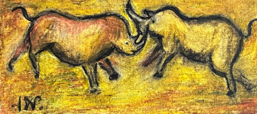 Painting titled "Combat de rhinocéro…" by Jean Xavier Combe, Original Artwork, Pastel