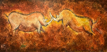 Pittura intitolato "Combat de rhinocéro…" da Jean Xavier Combe, Opera d'arte originale, Olio Montato su Telaio per barella i…