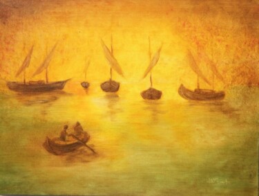 Peinture intitulée "" Barques de pêche"" par Jean Xavier Combe, Œuvre d'art originale, Huile Monté sur Châssis en bois