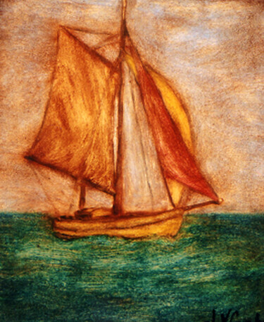 Peinture intitulée ""Le voilier d'Alex"" par Jean Xavier Combe, Œuvre d'art originale, Huile Monté sur Châssis en bois