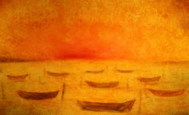 Painting titled "Barques  en Camargu…" by Jean Xavier Combe, Original Artwork, Oil Mounted on Wood Stretcher frame