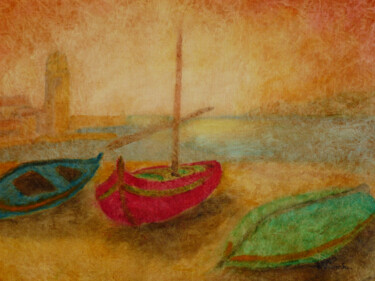 Peinture intitulée "" Barques à Colliou…" par Jean Xavier Combe, Œuvre d'art originale, Huile Monté sur Châssis en bois