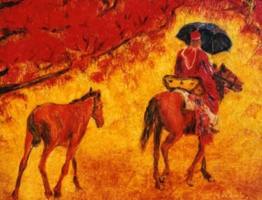 Pittura intitolato "" Sous les flamboya…" da Jean Xavier Combe, Opera d'arte originale, Olio Montato su Telaio per barella i…