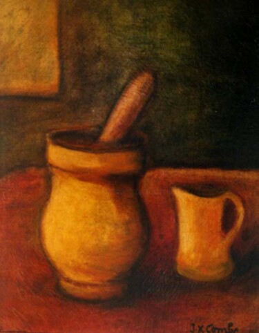 Painting titled ""  Mortier et pot"" by Jean Xavier Combe, Original Artwork, Oil Mounted on Wood Stretcher frame