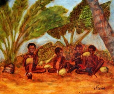 Painting titled ""Les coco verts"" by Jean Xavier Combe, Original Artwork, Oil Mounted on Wood Stretcher frame