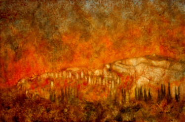 Painting titled ""Incendie d'Orgon"" by Jean Xavier Combe, Original Artwork, Oil Mounted on Wood Stretcher frame