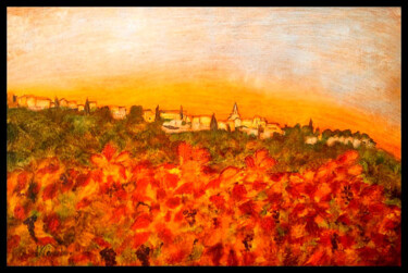 Painting titled "" Vignes à Venasque…" by Jean Xavier Combe, Original Artwork, Oil Mounted on Wood Stretcher frame
