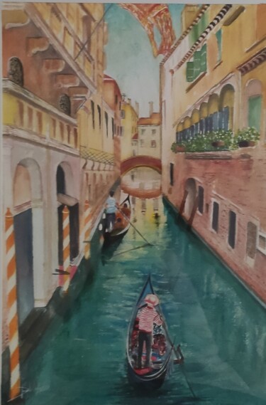 Peinture intitulée ""canaux de Venise"" par Jean Yves Domblides, Œuvre d'art originale, Aquarelle Monté sur Châssis en bois