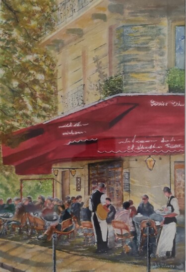 Painting titled ""brasserie Parisien…" by Jean Yves Domblides, Original Artwork, Watercolor Mounted on Wood Stretcher frame