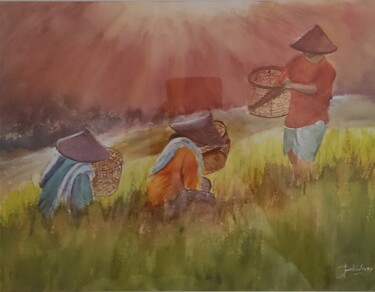 Peinture intitulée ""plantation du riz "" par Jean Yves Domblides, Œuvre d'art originale, Aquarelle Monté sur Châssis en bois