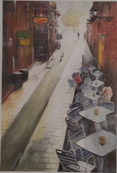 Painting titled ""la terrasse"" by Jean Yves Domblides, Original Artwork, Watercolor Mounted on Wood Stretcher frame