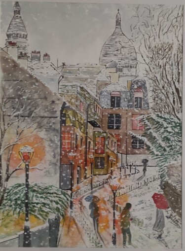 Painting titled ""rue de Montmartre…" by Jean Yves Domblides, Original Artwork, Watercolor Mounted on Wood Stretcher frame