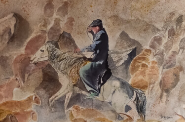 Painting titled ""Berger Catalan"" by Jean Yves Domblides, Original Artwork, Watercolor Mounted on Wood Stretcher frame
