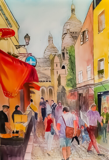 Painting titled "rue de Montmartre" by Jean Yves Domblides, Original Artwork, Watercolor Mounted on Wood Stretcher frame