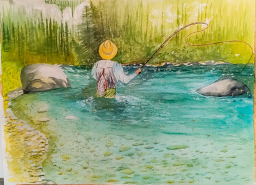 Malarstwo zatytułowany „pêche à la mouche” autorstwa Jean Yves Domblides, Oryginalna praca, Akwarela Zamontowany na Drewnian…