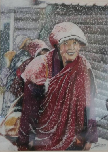 Peinture intitulée "sous la neige" par Jean Yves Domblides, Œuvre d'art originale, Pastel Monté sur Châssis en bois