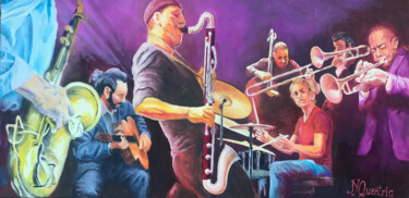 Painting titled "Jazz concert" by Jean-Yves Quentric, Original Artwork, Oil Mounted on Wood Stretcher frame
