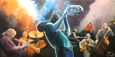 Painting titled "Jazz session" by Jean-Yves Quentric, Original Artwork, Oil Mounted on Wood Stretcher frame