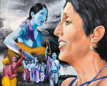 Painting titled "Joan Baez" by Jean-Yves Quentric, Original Artwork, Oil Mounted on Wood Stretcher frame