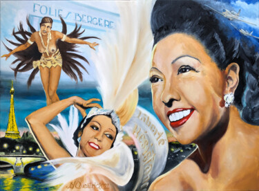 Painting titled "Joséphine Baker" by Jean-Yves Quentric, Original Artwork, Oil Mounted on Wood Stretcher frame