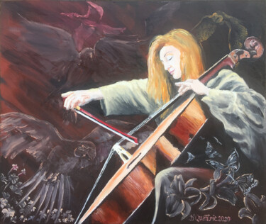 Painting titled "Lala violoncelliste" by Jean-Yves Quentric, Original Artwork, Oil Mounted on Wood Stretcher frame