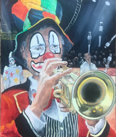 Painting titled "Le blues du clown" by Jean-Yves Quentric, Original Artwork, Oil Mounted on Wood Stretcher frame