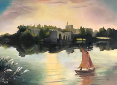 Painting titled "Le Pont Bénezet" by Jean-Yves Quentric, Original Artwork, Oil Mounted on Wood Stretcher frame