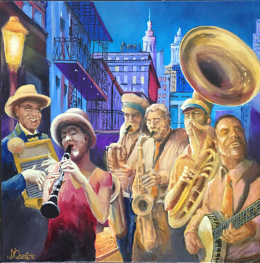 Painting titled "New Orleans Band" by Jean-Yves Quentric, Original Artwork, Oil Mounted on Wood Stretcher frame