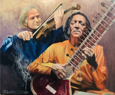 Painting titled "Ravi Shankar et Yeh…" by Jean-Yves Quentric, Original Artwork, Oil Mounted on Wood Stretcher frame