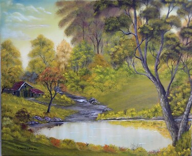 Peinture intitulée "abri-au-bord-du-lac." par Jean-Yves Saint Lezer, Œuvre d'art originale, Huile
