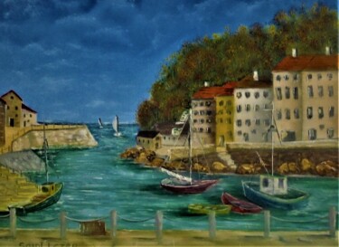 Картина под названием "vieux port de pèche." - Jean-Yves Saint Lezer, Подлинное произведение искусства, Масло