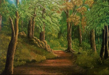 Painting titled "Balade en foret." by Jean-Yves Saint Lezer, Original Artwork, Oil