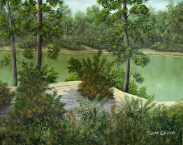 Painting titled "au bord du lac bleu" by Jean-Yves Saint Lezer, Original Artwork, Oil