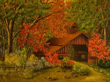 Peinture intitulée "grange dans les bois" par Jean-Yves Saint Lezer, Œuvre d'art originale, Huile