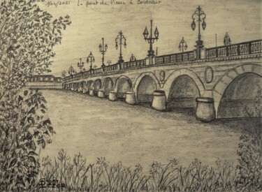 Dessin intitulée "Pont de Pierre" par Jean-Yves Saint Lezer, Œuvre d'art originale, Crayon
