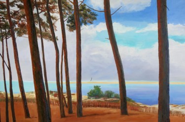 Painting titled "les pins au Petit N…" by Jean Calmon, Original Artwork, Oil Mounted on Wood Stretcher frame