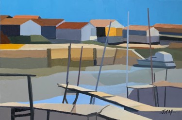 Painting titled "Arcachon - Port de…" by Jean Calmon, Original Artwork, Oil Mounted on Wood Stretcher frame