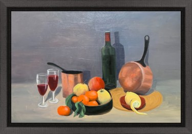 Painting titled "Fruits et casserole…" by Jean Calmon, Original Artwork, Oil Mounted on Wood Stretcher frame