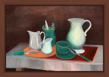 Peinture intitulée "Tasse verte et pot…" par Jean Calmon, Œuvre d'art originale, Huile Monté sur Châssis en bois