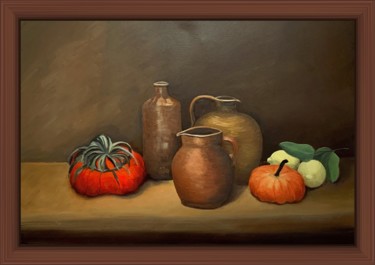 Painting titled "Coloquintes citrons…" by Jean Calmon, Original Artwork, Oil Mounted on Wood Stretcher frame