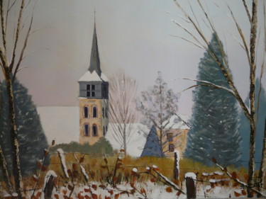 Painting titled "Neige à Routot" by Jean-Claude Plet, Original Artwork, Acrylic Mounted on Wood Stretcher frame