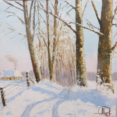 Painting titled "Neige à Bouquetot 2" by Jean-Claude Plet, Original Artwork, Oil Mounted on Wood Stretcher frame