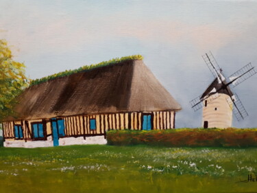 Painting titled "Moulin de Hauville" by Jean-Claude Plet, Original Artwork, Acrylic Mounted on Wood Stretcher frame