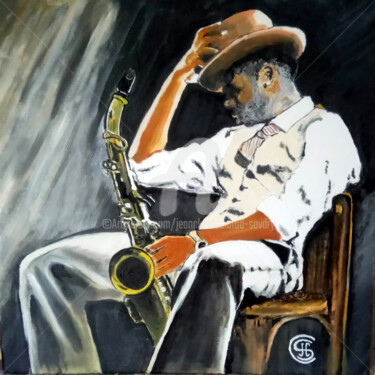 Painting titled "jazz-noir-et-saxo.n…" by Jean Claude Ciutad-Savary, Original Artwork, Oil Mounted on Wood Stretcher frame